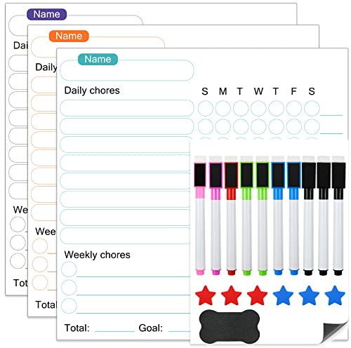 YIBANG 4Pcs Magnetic Weekly Daily Chores Chart, Dry Wipe Set Up Chores for Famliy, Dry Erase Weekly Daily Chores Chart for Kids, Dry Wipe Paintbrush Whiteboard for Kids, Write Board for Chores List