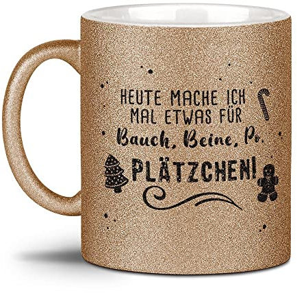 Tassendruck Glitzertasse mit Spruch - Bauch, Beine, Po & Plätzchen! - Weihnachts-Tasse, Weihnachts Geschenk Familie, Freunde, Glitter, Weihnachten - Hochwertige Keramik, Gold, 300 ml