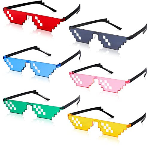 QINREN 6 Paare Pixel Sonnenbrille, MLG Brille Thug Life Mehrfarbige Kunststoff SonnenbrillenGeeignet für Partyurlaub Dekoration Brille(Sechs Farben), Rosa, Gelb, Rot, Blau, schwarz, gr