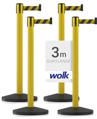 Gurtpfosten - 4er Set - Pfostenhöhe: 100,0 cm, Gurtlänge: 3,0 m, Gurtbandbreite: 5,0 cm - Metallpfosten gelb, Gurtfarbe Farbe: gelb/schwarz
