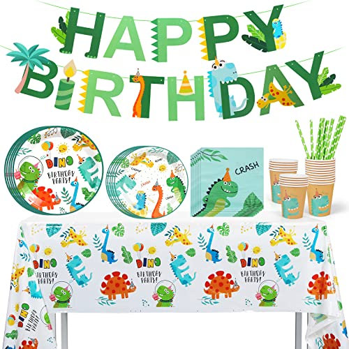 66Pcs Dinosaurier Geburtstags Geschirr Set,Dino Geschirr Kindergeburtstag,Dinosaurier Geburtstag Party Supplies Set Deko ,Grün Pappteller Becher Strohhalme Servietten Banner Geburtstagsfeier Junge