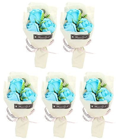 Bouquet de fleurs de savon 5 pièces avec boîte, fleur de savon rose artificielle, bouquet de fleurs bleu vif pour anniversaire, Saint Valentin