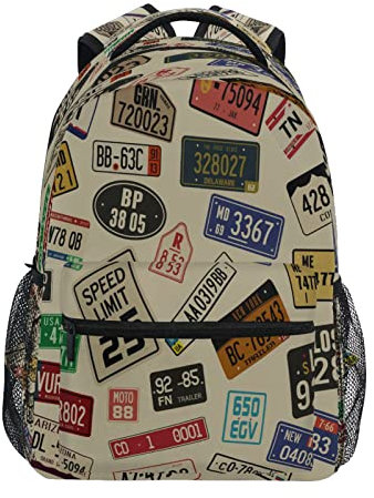 Quteprint Travel Laptop Backpack, Vintage Car Number Plates College School Book Bag Student iPad Tablet Shoulder Backpack for Men Women Girls Boys Hiking Daypack Multiple Pockets & Name Tags