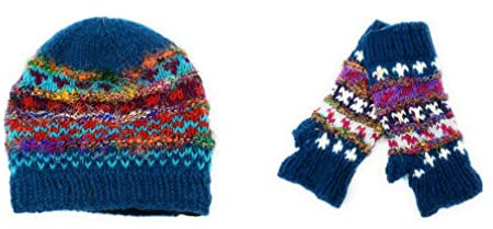 Handgestrickte Wolle & recycelte Seide Beanie Mütze & fingerlose Handschuhe Set Fleece gefüttert Made in Nepal, blaugrün, Einheitsgröße