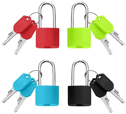 Candados de maleta con llaves, paquete de 4 cerraduras de equipaje multicolor de mango largo para bolsa de equipaje, armarios de gimnasio escolar (negro, verde, azul, rojo)