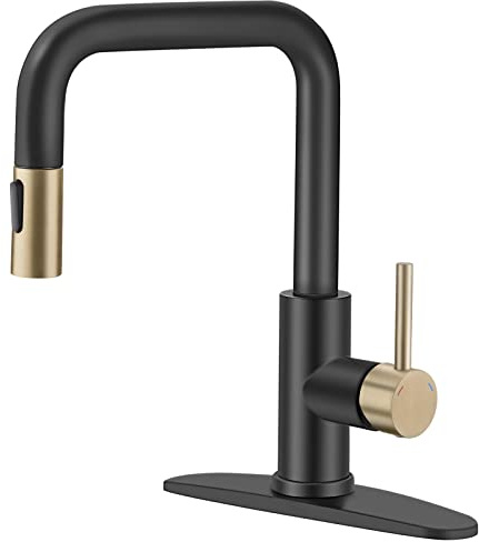 TQKAG Robinet de cuisine avec pulvérisateur extractible noir et or brossé à poignée unique en acier inoxydable.