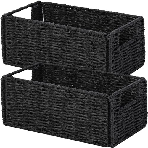 Vagusicc Small Wicker Storage Baskets, Hand-Woven Paper Rope Storage Organizer Baskets Bins (Set of 2), Toilet Paper Small Wicker Baskets with Handles for Organizing Toilet Shelves Pantry, Black