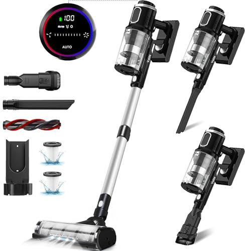 VYKLO V12 Cordless Vacuum Cleaner, 400W 65Mins Cordless Stick Vacuum Powerful Suction, LED Touch Display, Rechargeable Wireless Handheld Lightweight Vacuum for Home, Hard Floors, Carpet, Car, Pet Hair