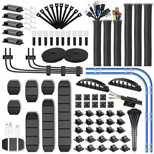 188 organizadores de Cables con 6 Fundas para Cables, 50 Clips de Cable, 2 Rollos autoadhesivos, 20 Cintas de fijación, 10 Soportes de Bridas de Cremallera y 100 Bridas para Cables, Kit de gestión de
