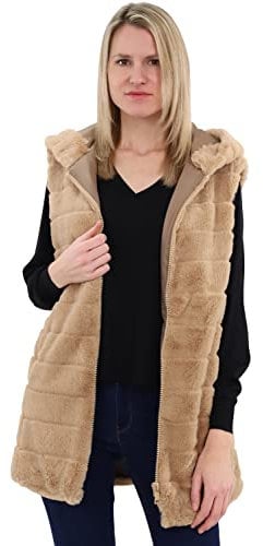 malito Damen Weste mit Kapuze | gerippte Weste aus Kunstfell | Teddyweste mit Zipper CR-1958 (camel L)