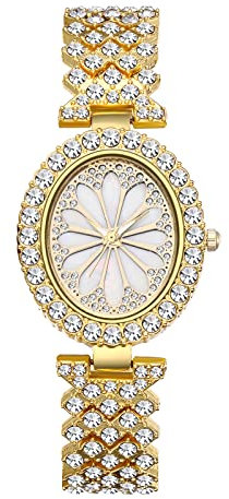 JewelryWe Armbanduhr Damen Luxus Elegant Strass Glitzer Analog Quarz Beiläufige Uhr Damenuhr mit Ovalem Muschel Zifferblatt und Metall-Armband Gold