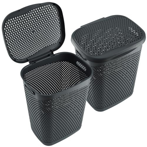KADAX Plastik Wäschebehälter, Leichter Wäschekorb, Wäschesammler aus Kunststoff, Luftdurchlässige Wäschebox, Wäschetruhe mit Deckel (Grau)