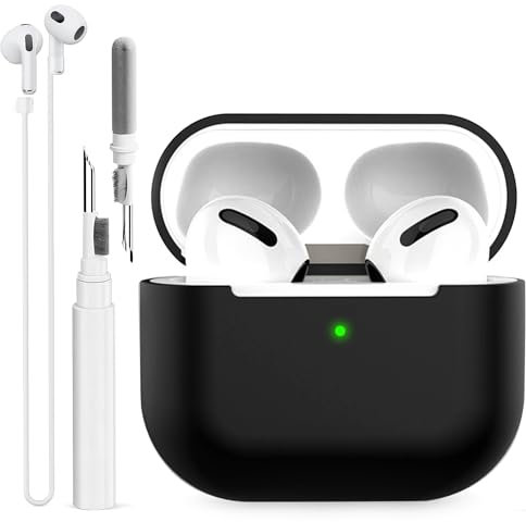BEAUDOM Funda de silicona para Airpods 3 [frontal LED visible] [carga inalámbrica] con lápiz de limpieza y banda de sujeción para AirPods, compatible con Airpods 3ª generación (negro)