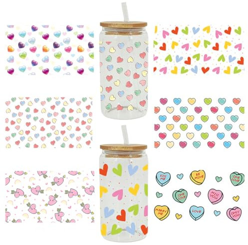 DeryArcle 6 Blätter Becher Transfer Aufkleber Herz, UV DTF Tasse Wickeln Übertragungs Aufklebern Wasserfeste Rub on Cup Wrap Transfers Sticker für Kaffeetasse Glas Flaschen Laptop Dekor (Herz)