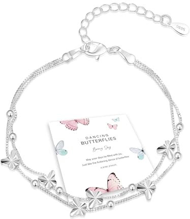 XOEMEL Bracelet en argent 925 pour femme - Motif papillons - Or rose - Avec perles - Réglable - Bracelet d'amitié - Cadeau pour femme - 43 cm, 1 cm x 1 cm x 1 cm, Argent sterling