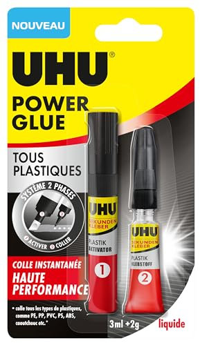 UHU Power glue tous plastiques - colle instantanée, ultra rapide et forte, tous plastiques, transparente, tube activateur 3ml + tube colle 2g