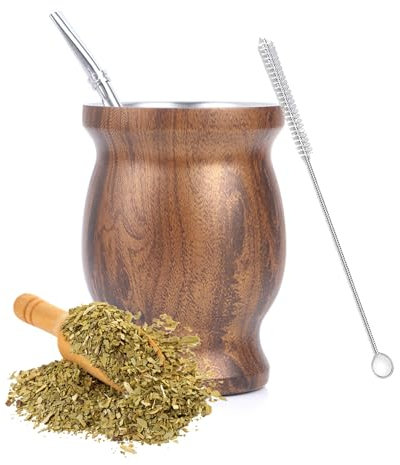 Yitobici Taza mate, juego de tazas de té mate, con pajita y cepillo de limpieza, diseño con aislamiento de doble pared, para té mate (vetas de madera).