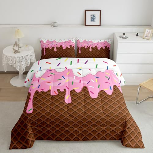 Eiscreme-Party-Bettwäsche-Set, volle Größe, süßes Thema, Bettwäsche-Set für Mädchen, Frauen, Erwachsene, Schlafzimmer, Dekoration, Kinder, Schokolade, Rosa, Weiß, Gelb, Bettdeckenbezug, bunte