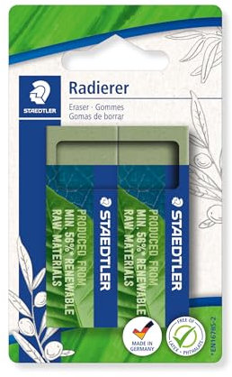 STAEDTLER Radierer, Radiergummi aus bis zu 56% natürlichem- und nachwachsendem Anteil, phthalat- und latexfrei, Schiebemanschette, Größe 65x23x13 mm, 2 olivgrüne Radierer auf Blisterkarte, 526 80BK2