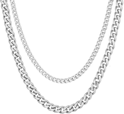 MenYiYDS Set di 2 pezzi di collane cubane classiche da uomo e da donna, larghezza 3 mm/5 mm, acciaio inossidabile, lunghezza 40 cm, colore argento