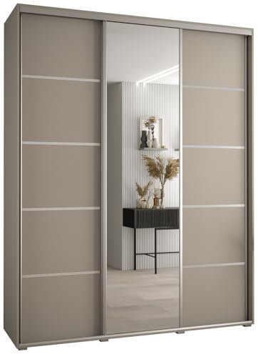 MEBLE KRYSPOL Dakota 5 Schrank mit DREI Schiebetüren - Moderner Kleiderschrank mit Spiegel, Kleiderstange und Regalen - 235,2x200x60cm - Kaschmir Silber