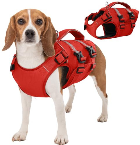 Kuoser Schwimmweste Hund Mittlere, Rettungswesten für Hunde Schwimmweste mit Griff und Reflektierend, Verstellbar Hundeschwimmweste, Schwimmweste für Mittel Hunde mit Verbesserter Auftrieb, Rot M