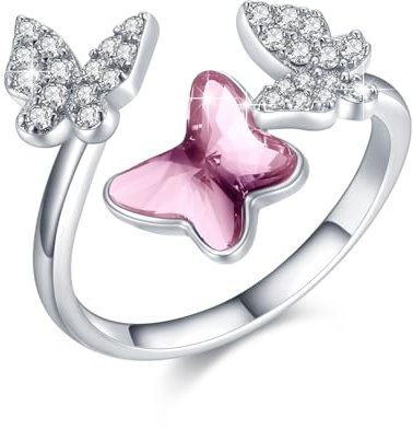 PARYFO Schmetterling Ring 925 Sterling Silber Offene Ringe mit Kristall Schmetterling Ringe Weihnachten Geburtstag Geschenke für Frauen Mädchen, Sterling Silber (Rosa Kristall )