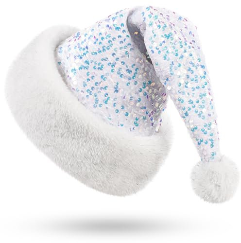 KONVINIT Pailletten Weihnachtsmütze Nikolausmütze Erwachsene Luxus Glitzer Weihnachtsmann Mütze Santa Claus Mütze für Herren und Damen,weiss