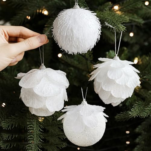 Maritown Christmas Baubles White Glitter Xmas Tree Balls 4 Pcs 7.2cm Large Shatterproof Bauble Set Winter Party Holiday Decor Ornaments Tree Decorations for Home Office Classroom