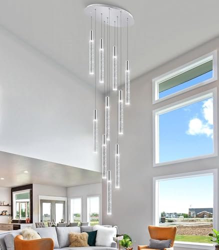 CNMKLM Pendelleuchten LED Dimmbare Modern Kristall Hängelampe Hohe Decke Foyer-Eingang Hängeleuchte Höheverstellba Kronleuchter Für Villa Esszimmer Korridor Treppe Lüster(Silber,10-lights)