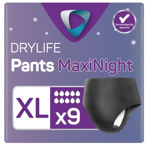 Drylife Pants Maxi Night Einweg-Inkontinenzunterhose zum Hochziehen, Uni, 3000 ml Saugfähigkeit, Schutz über Nacht, Auslaufsicherheit, atmungsaktives Material, Größe XL (1 x 9 Stück)