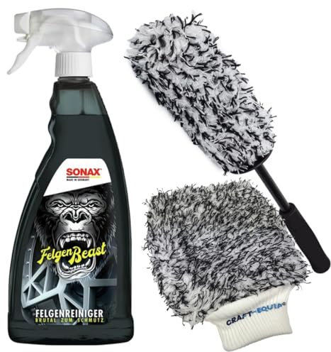 Craft-Equip Felgen-Reinigungs-Set bestehend aus dem SONAX 1000ml FelgenBeast Felgenreiniger + Microfaser Felgenbürste + Waschhandschuh