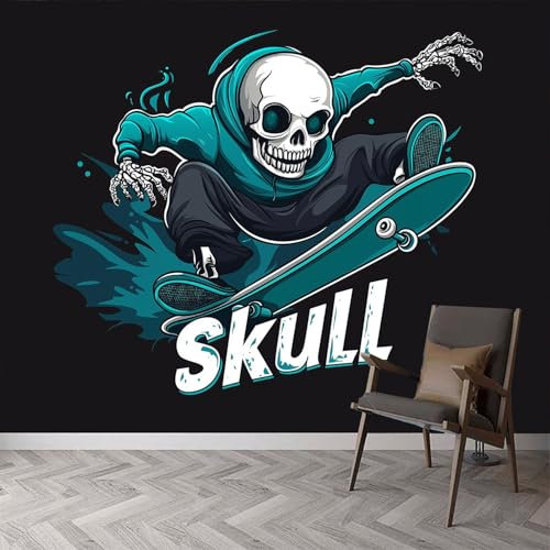 Art Fototapete Cooler Skateboard-Totenkopf Tapete 150 x 105 cm Vlies Tapeten Moderne Wandtapete Wohnzimmer Schlafzimmer Study Wohnzimmer Restaurant Cafe Dekoration