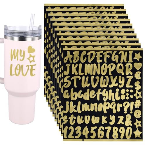 10pcs Alphabet Stickers, Waterproof Self Adhesive Alphabet Name Stickers Transfer Stickers Letter Number Name Stickers Easy to Use Decoration for Water Bottle Water Cup Scrapbooks(Gold)