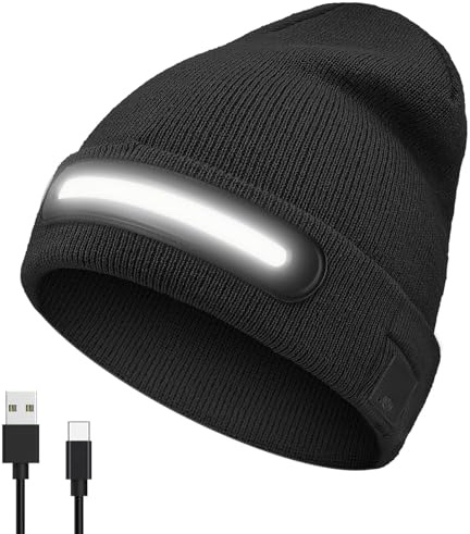 Getsuna Rechargeable LED Headlamp Cap with Lights, Unisex Beanie Hat with Light, Winter Hat with Light Built in, USB Rechargeable Warm Knitted Cap for Walking, Running, Camping, Hiking - Black