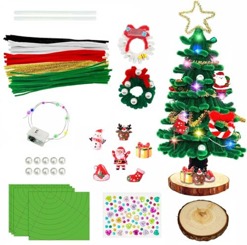 Eyezeeption 100 Stück Pfeifenputzer zum Basteln Grün Bastelset Weihnachten Kinder Weihnachtsbaum Bastelset mit LED, Filz Weihnachtsbaum Kinder DIY Chenilledraht Weihnachten Set