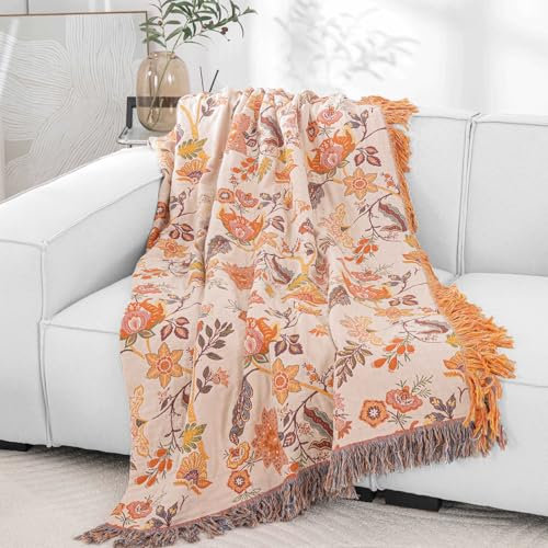 Wotcsil Tagesdecke Boho Gelb Orange 200x230cm Baumwolle - Kuscheldecke Sofadecke Bettüberwurf mit Blumenmuster, Leichter Sofaüberwurf mit Quasten für Bett Couch