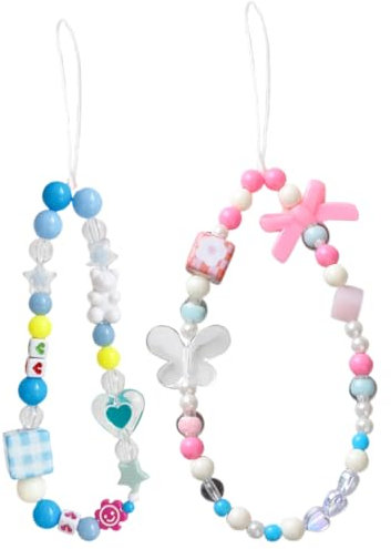 UEIOAVL Handyanhänger, 2 Stück Handyketten mit Perlen süße Handyanhänger Schmetterlingsperlen Würfel Bär Handy-Schlüsselbänder (Rosa, Blau)