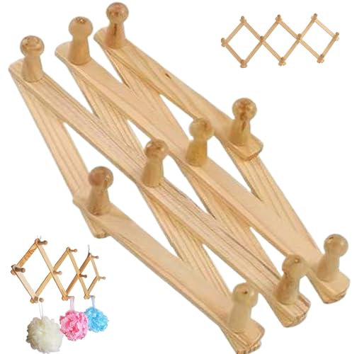 Expandable Coat Rack Holder, Wall Mounted Coat Rack Wooden Expanding Clothes Hanger 10 Pegs Retractable Drying Rack for Hats, Coat, Mugs, Scarf Storage