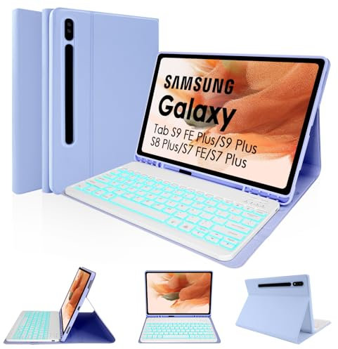 Nsyee Backlit Keyboard Case for 12.4 Samsung Galaxy Tab S10+ Plus/S9 FE+/S9+/S8+/S7+/S7 FE, Bluetooth Detachable UK Layout Keyboard for Samsung Tab 12.4 inch, Purple