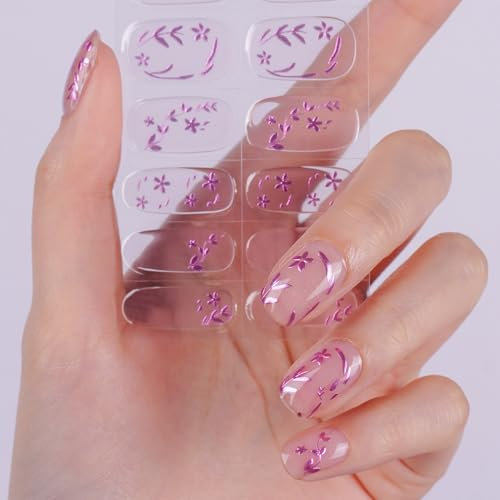 DANNI & TONI Halb ausgehärtete Gel Nagelfolien (Lavender Chrome)3D-Violettblumen Nagelset mit Reliefeffekt uv Gel Nagelfolie Nagelsticker Nageldesign Selbstklebend Wraps 28 Aufkleber