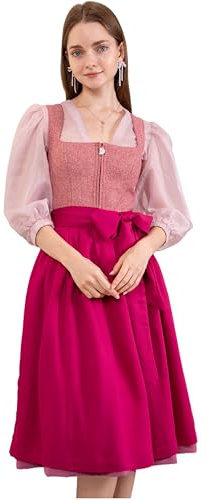 Dirndlparty Dirndl für Damen,2tlg.Dirndl und Schürze,Trachtenmode Elegant | Knielang Midi Trachtenkleid Dress mit Seitentaschen für Oktoberfest Hochzeit Party Größe 36-44 (Ohne Dirndlbluse)