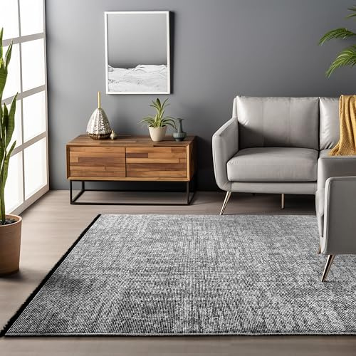 HomebyHome Baumwolle Teppich Grau 240x340 cm - Waschbar, Boho-Stil, Vintage Kelim, Kurzflor, rutschfest & Weich, Einfarbig Meliert, Für Wohnzimmer, Schlafzimmer, Büro & Küche