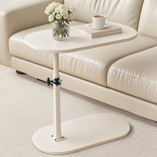 C Shaped End Table, Side Table for Sofa, End Table for Living Room, Adjustable Height TV Tray, Swivel Couch Side Table That Slides Under (White)