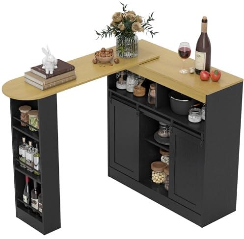 HOMCOM Ausziehbarer Bartisch 360°drehbarer Esstisch mit Stauraum Stehtisch Bistrotisch Küchentheke mit 8 Ablageflächen und 2 Schiebetüren für Esszimmer 187,5 x 35 x 105 cm Schwarz
