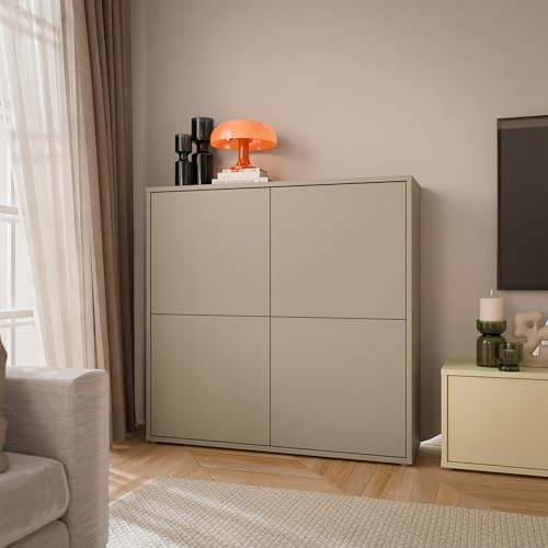 Forte Alice Springs Schrank 130, modern-minimalistisch, 4 quadratische Türen, Wohn-/Schlafzimmer, Holzwerkstoff, Taupe, 124,5 cm breit x 121,5 cm hoch x 34,9 cm tief
