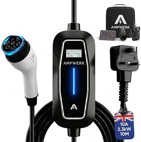 EV Charger Type 2 to 3 Pin Plug 10M | Ampwerk® 2.3kW 10A Portable EV Charger Cable IP65 | 8-Hour Timer & Safety Protection | Carry Bag Included | Designed by Ampwerk® in the UK