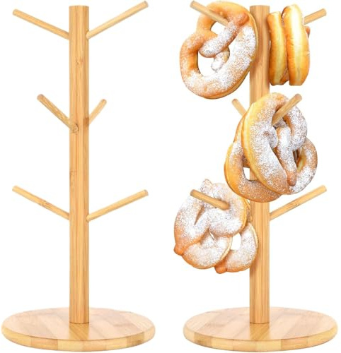 2 Porta Brezel in Legno, Porta Bicchieri, porta tazzine da caffè, porta tazze, Porta Brezel in Legno Rimovibili a Forma di Albero, 6 Bracci, Porta Salsicce, Salvaspazio
