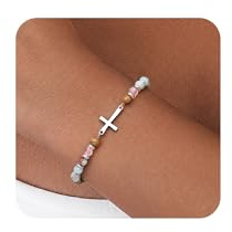 Dochais Armband Damen Edelstahl Perlenarmband Verstellbar Kreuz Armband mit Naturstein Heilsteine Kette Geburtstags Taufe Weihnachten Christliche Geschenke für Frauen