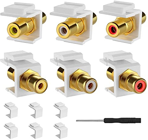 HAAMNING7 RCA Keystone Jack Insert, connecteur RCA plaqué or prise murale femelle, rouge/blanc/jaune, avec inserts vierges Keystone Jack, tournevis (lot de 6)